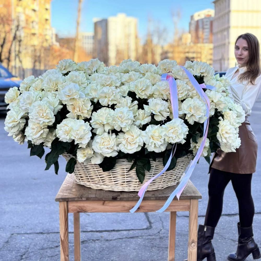 Французская белая роза в корзине 151 шт.