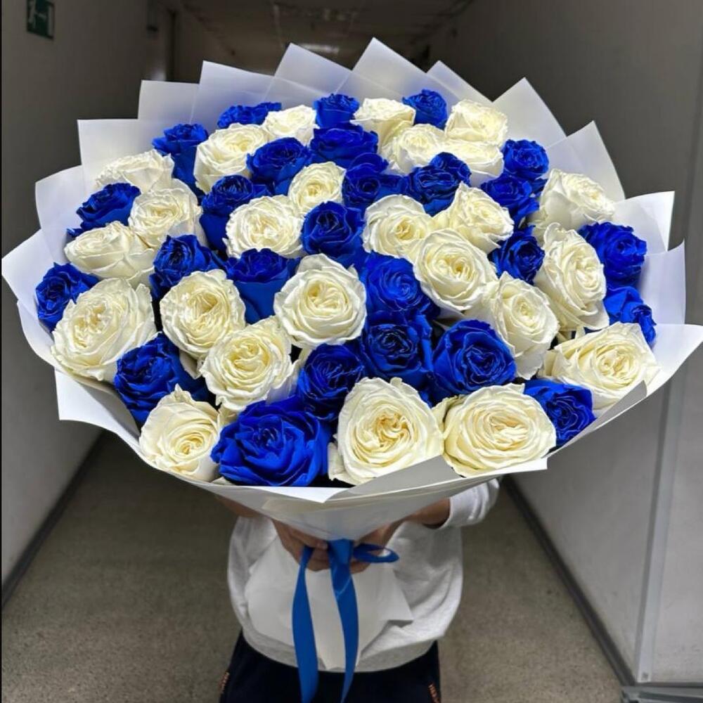 Букет из 51 синей и белой розы