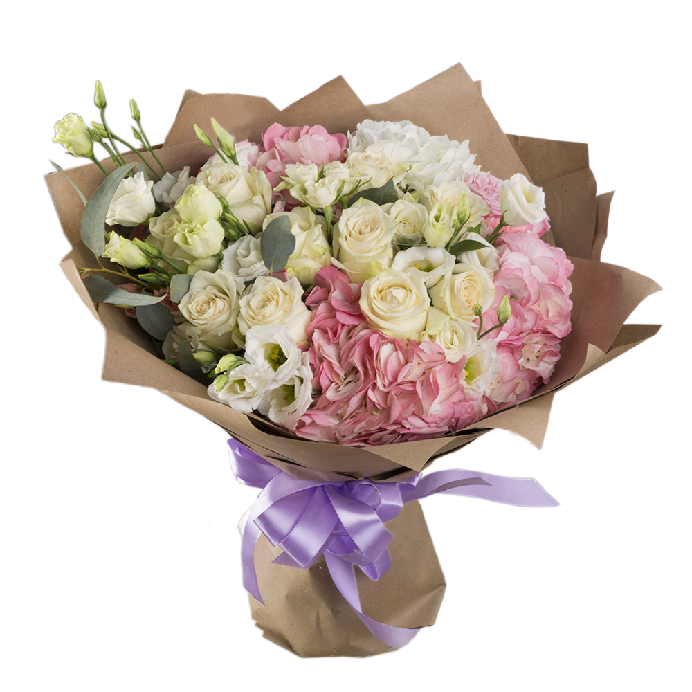 Букет из роз, гвоздик, гортензий и эустом